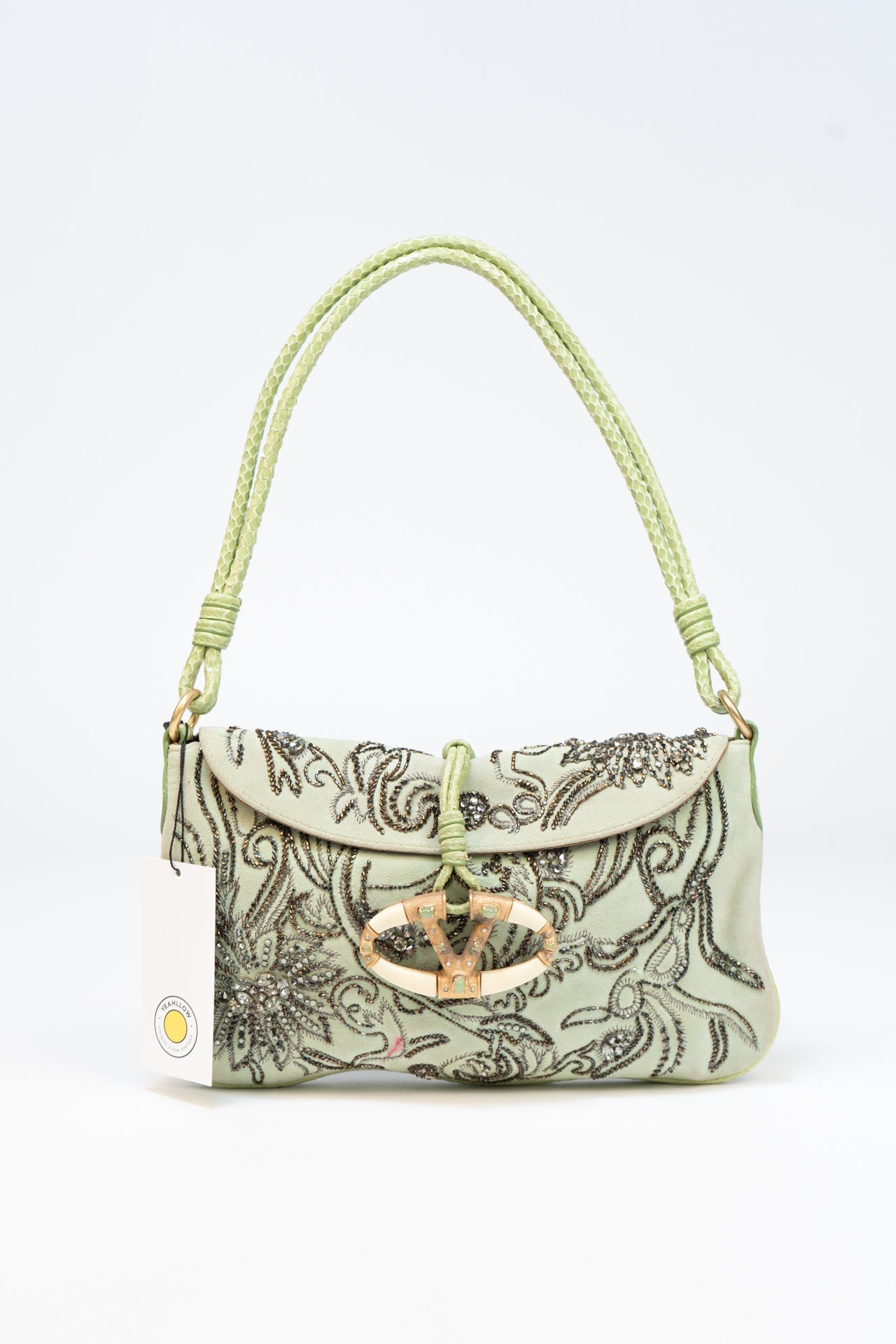 Valentino Green Embroidered Satin Baguette Bag In Green