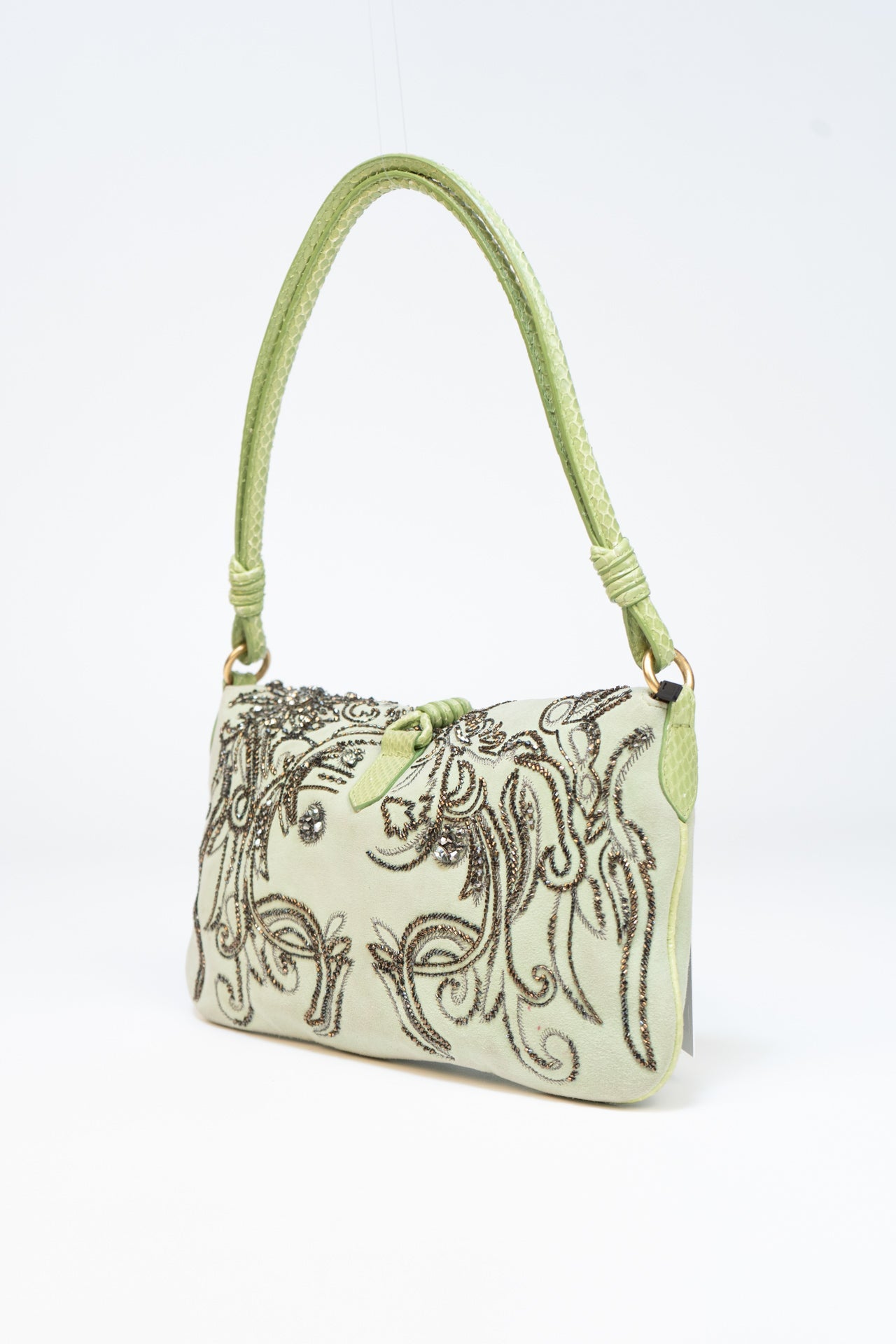 Valentino Green Embroidered Satin Baguette Bag In Green