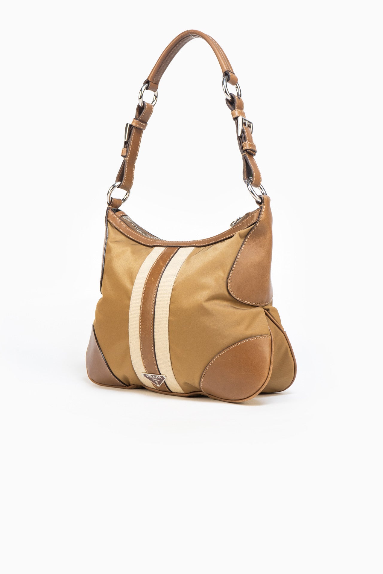 Prada Leather And Nylon Shoulder Bag In Camel