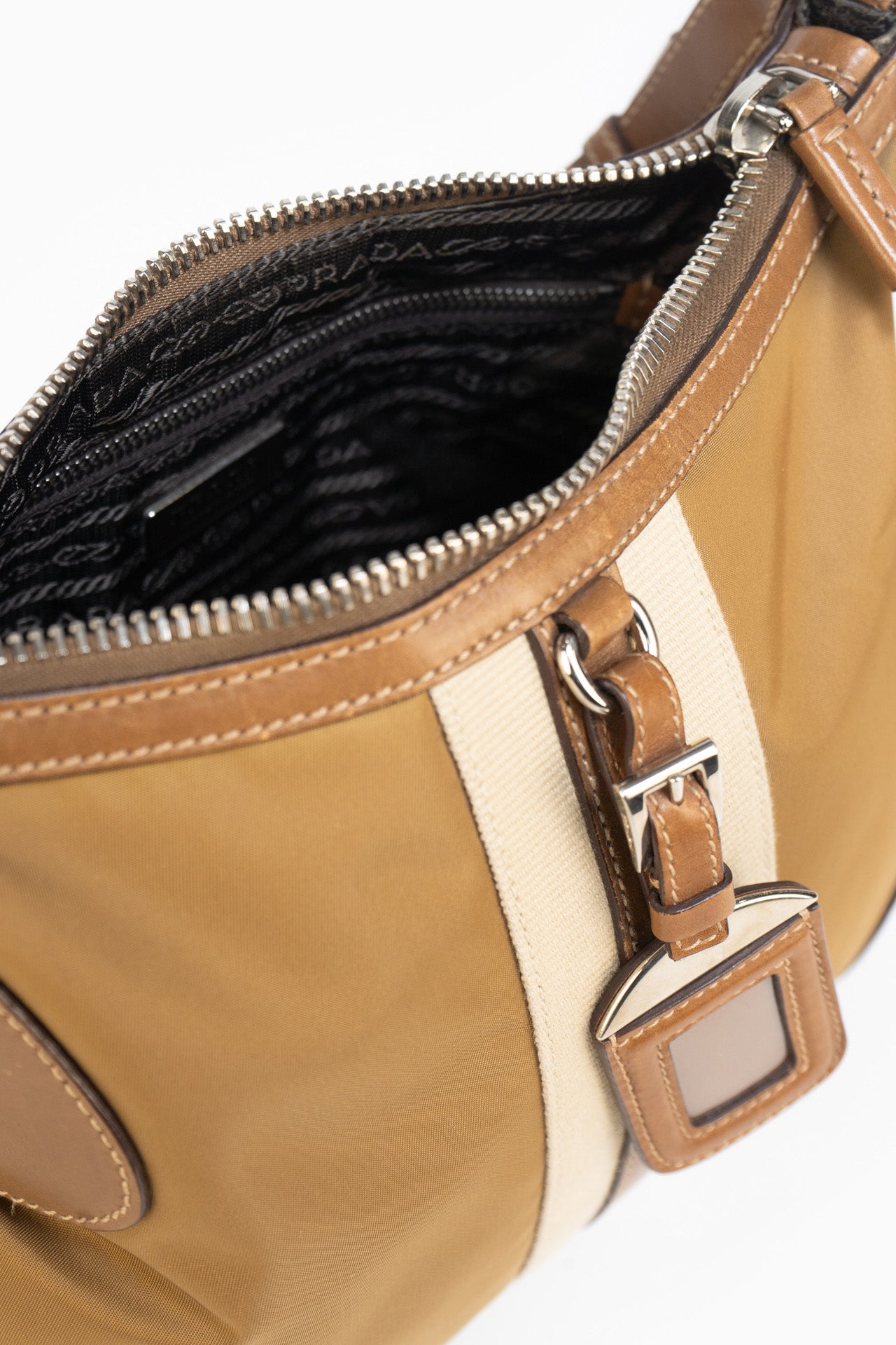 Prada Leather And Nylon Shoulder Bag In Camel