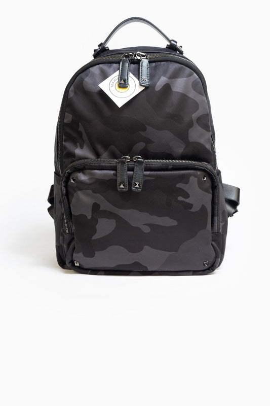 VALENTINO NYLON JACQUARD CAMO BACKPACK IN GREY