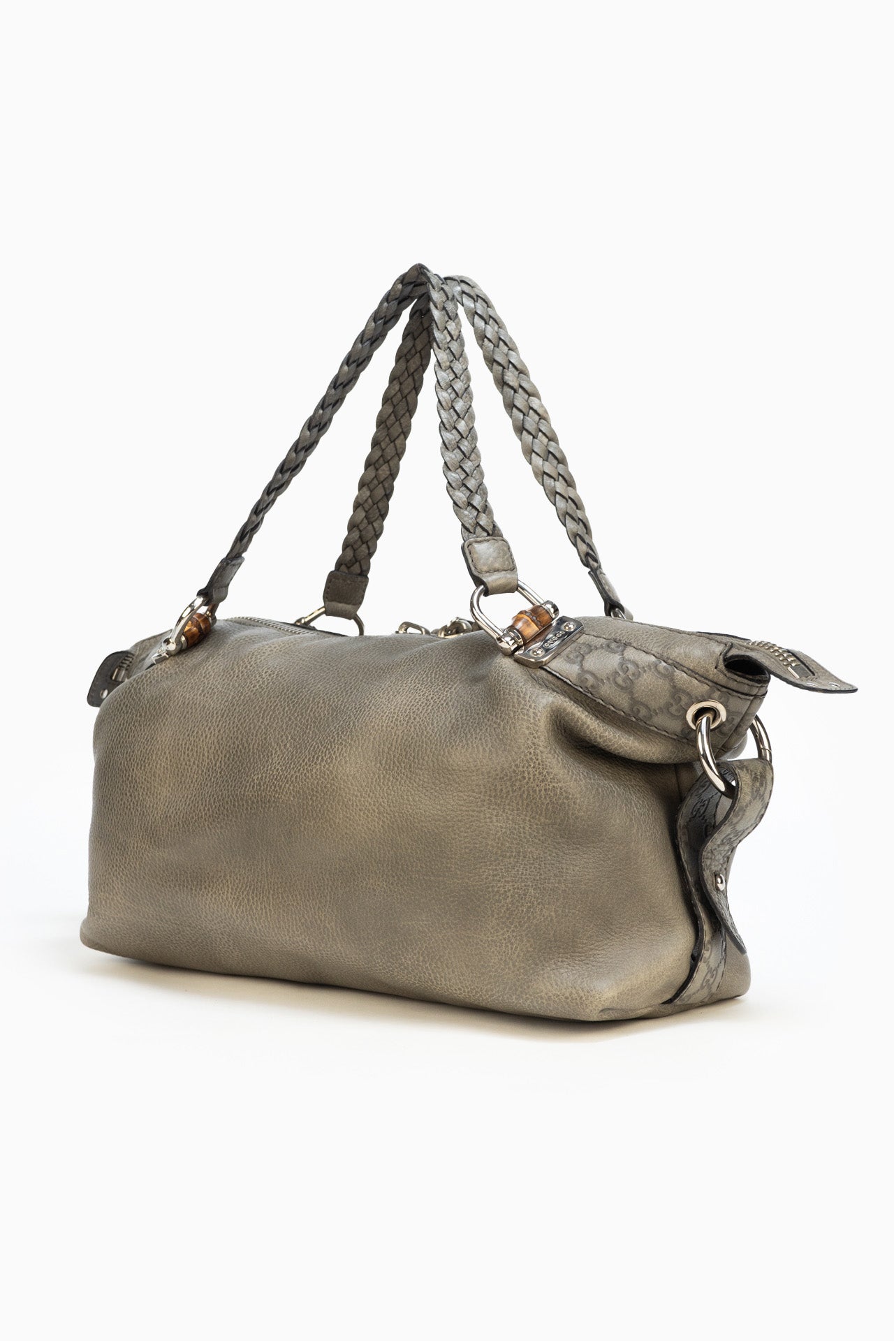 Gucci Grey Leather Handbag With Bamboo Details